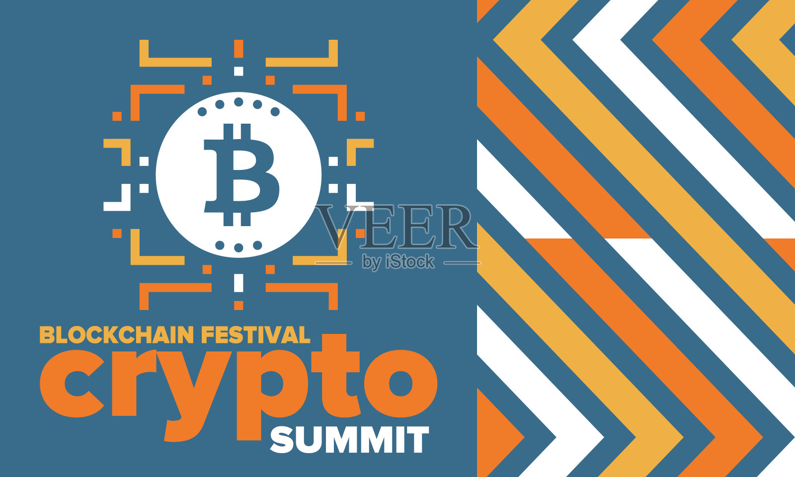 加密峰会。区块链节。数字货币和智能在线技术。金融，银行和商业插图。Cryptocurrency挖掘。比特币的标志。平面设计。向量的海报插画图片素材