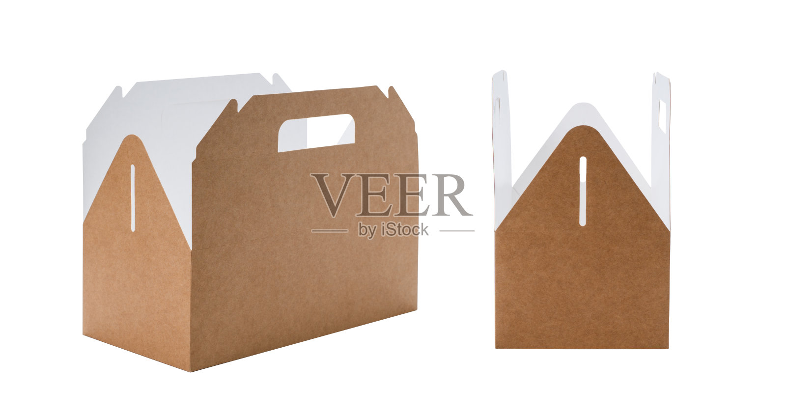 一种白色背景上有手柄的敞开的装食物或其他东西的纸板容器。环保包装。孤立的物体，两个角度。照片摄影图片