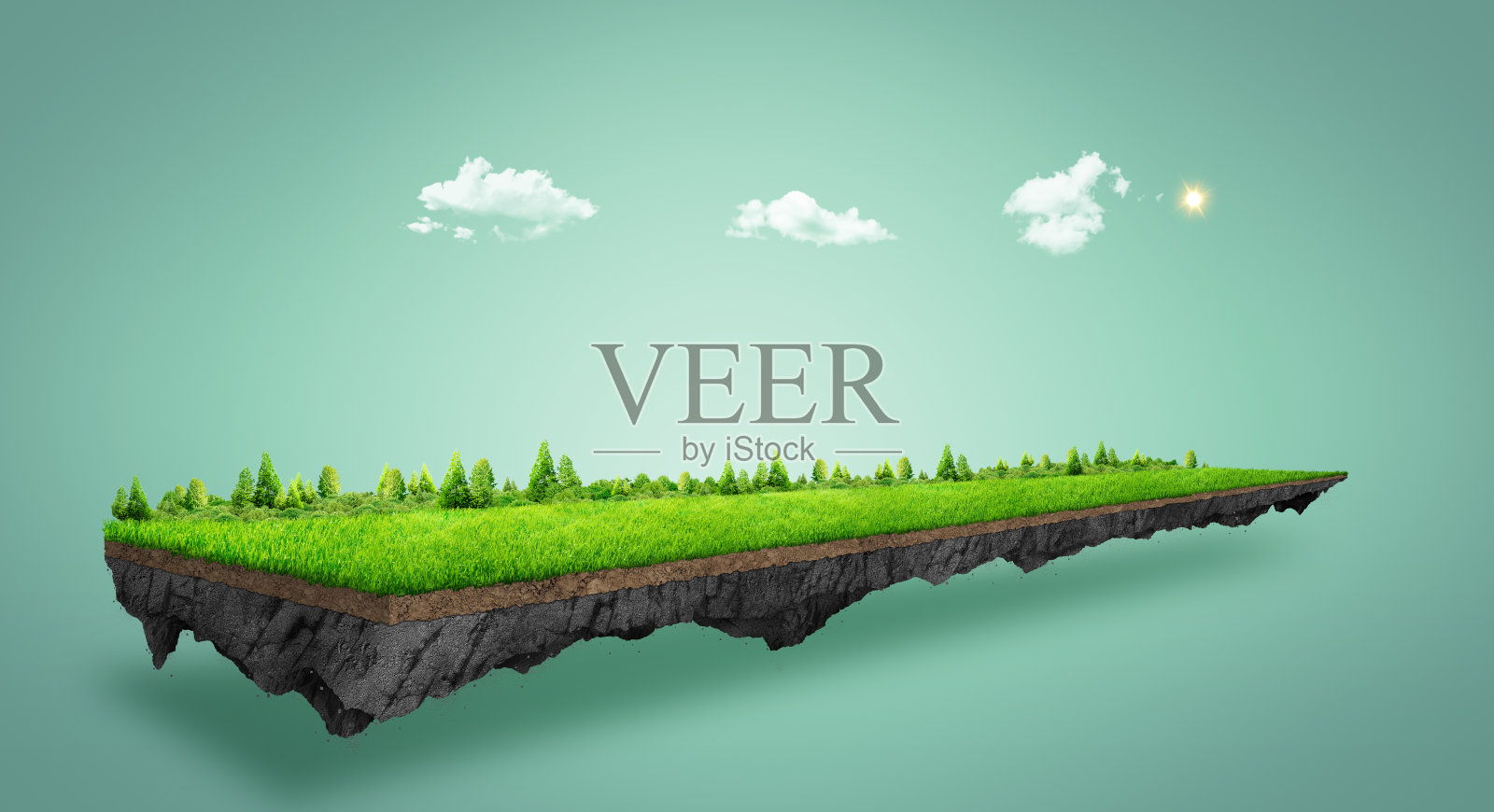 夏天的乡间小路和绿树。3d插画了一片与世隔绝的绿地，创意设计了旅游越野树木。插画图片素材