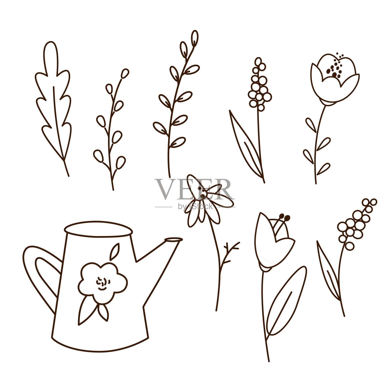 涂鸦花，叶子和喷壶画插画图片素材