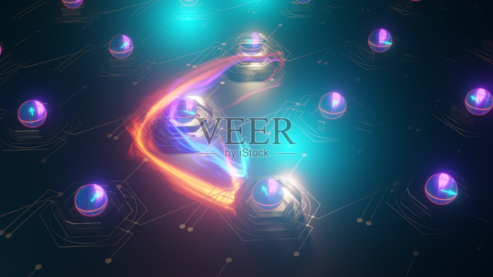 量子电脑内部。量子计算，工作中的电路-叠加和纠缠，用布洛赫球表示的量子位态照片摄影图片