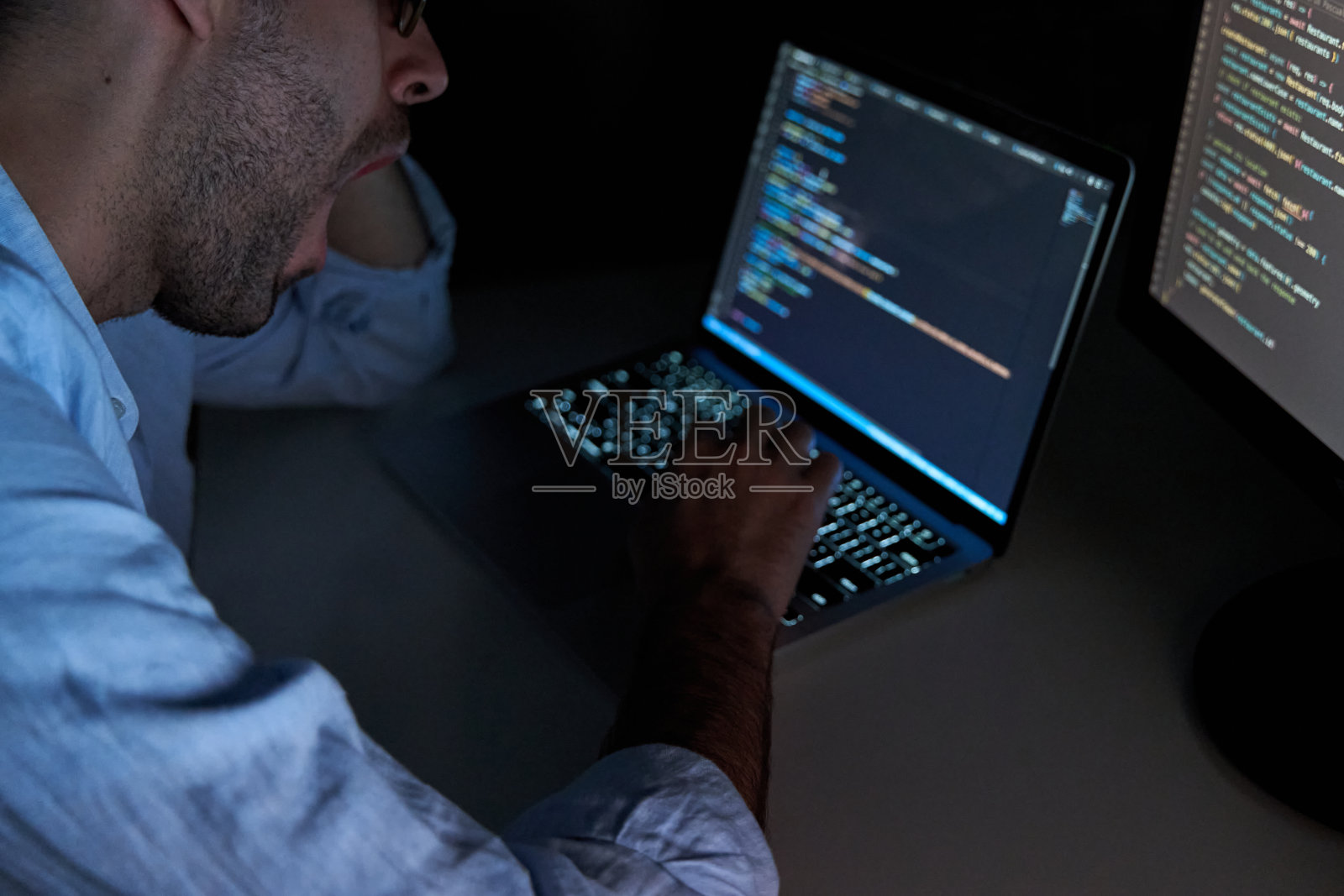 疲惫的程序员打哈欠编码和开发网页和软件在晚上照片摄影图片