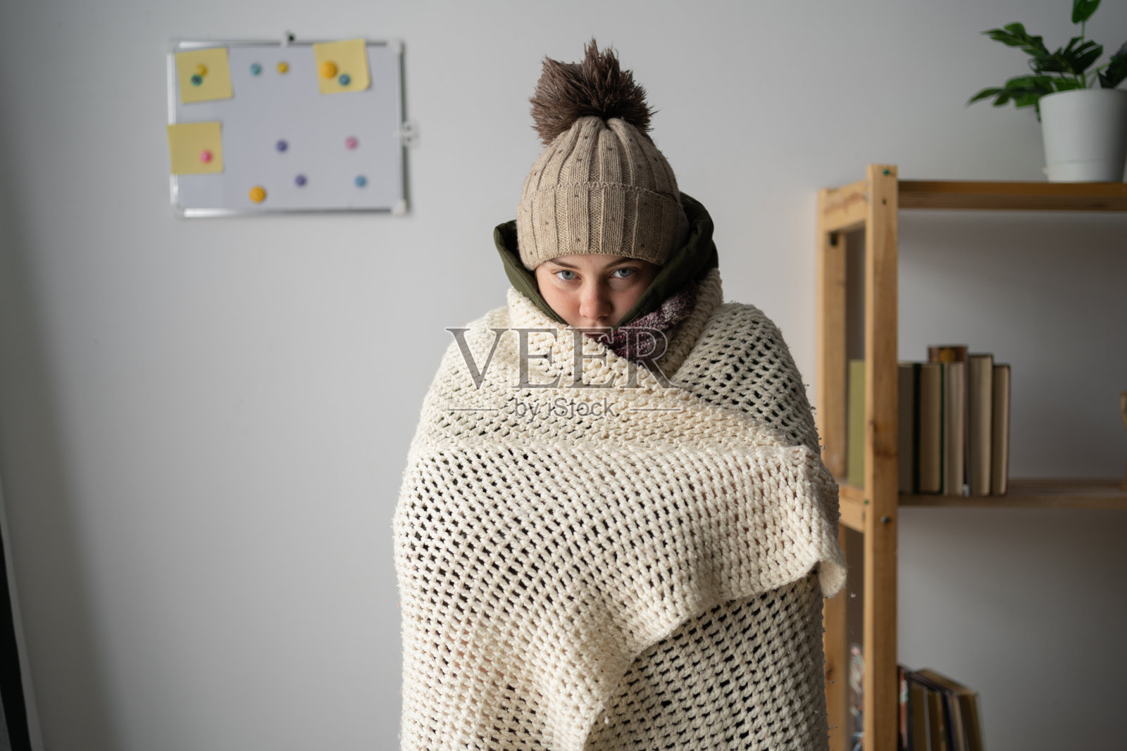 不适的愤怒的女人租在毯子在寒冷的客厅遭受缺乏热量。年轻女子在家里与寒冷作斗争。没有暖气照片摄影图片