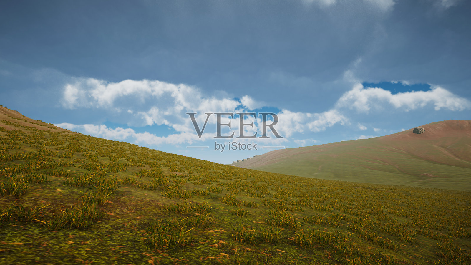 阐述景观可持续发展目标，保护生态系统。一个绿色岛屿的自然环境，没有树木3D渲染照片摄影图片