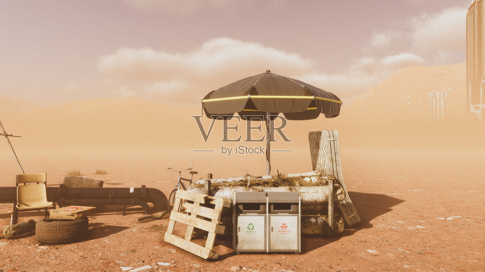 控制论沙漠城市，沉浸式虚拟环境景观。利用3D渲染技术创建虚拟世界。三维渲染照片摄影图片