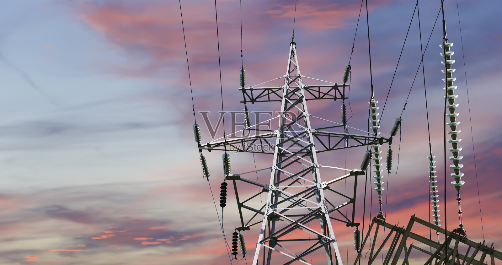 电力塔(高压电线)在浪漫的夜空背景下照片摄影图片