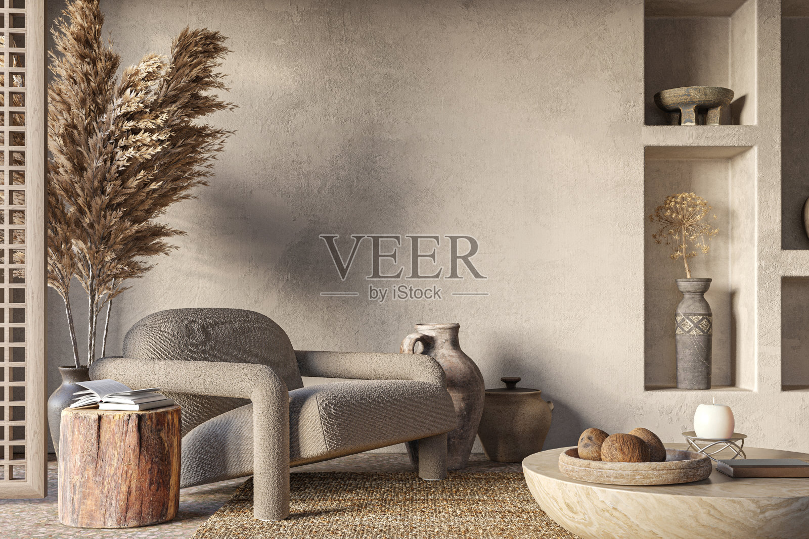 Wabi sabi客厅内部。室内模型，3d渲染照片摄影图片