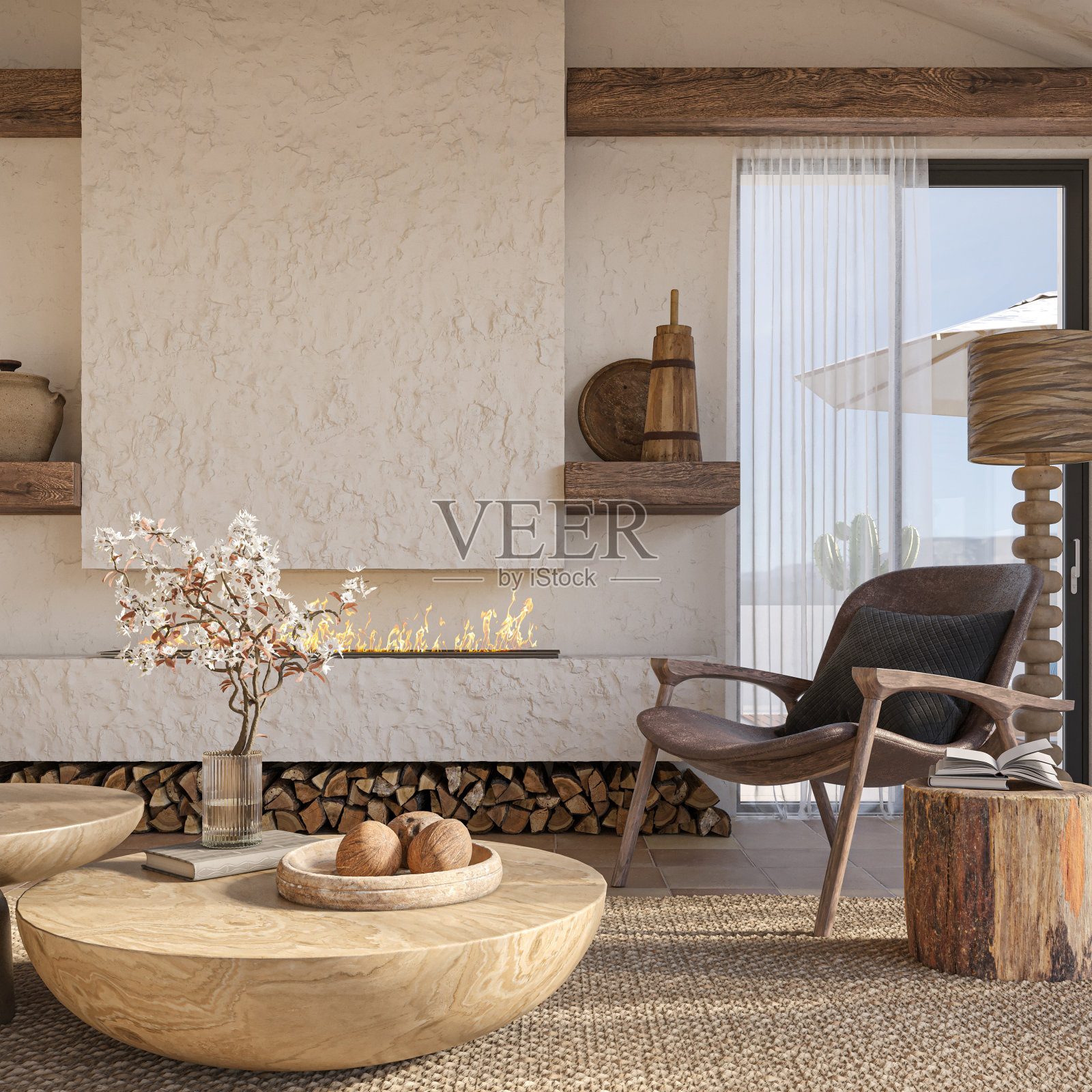 Wabi sabi客厅内部。室内模型，3d渲染照片摄影图片