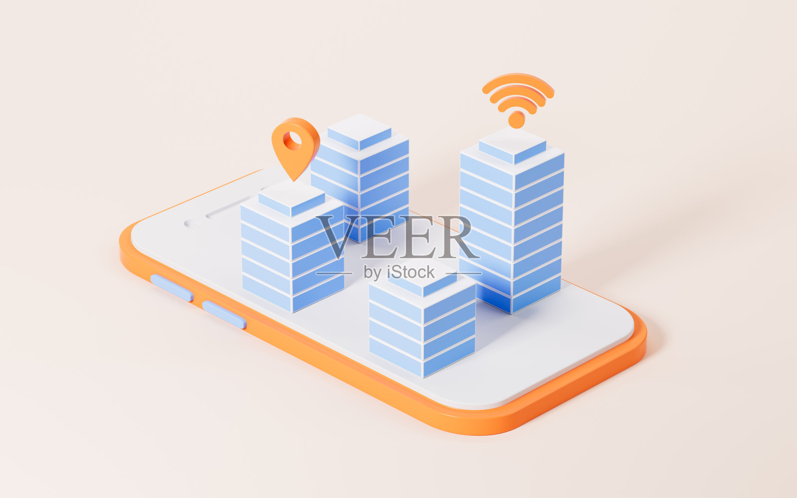 Wi-Fi与手机，信号传输与电信概念，3d渲染。照片摄影图片