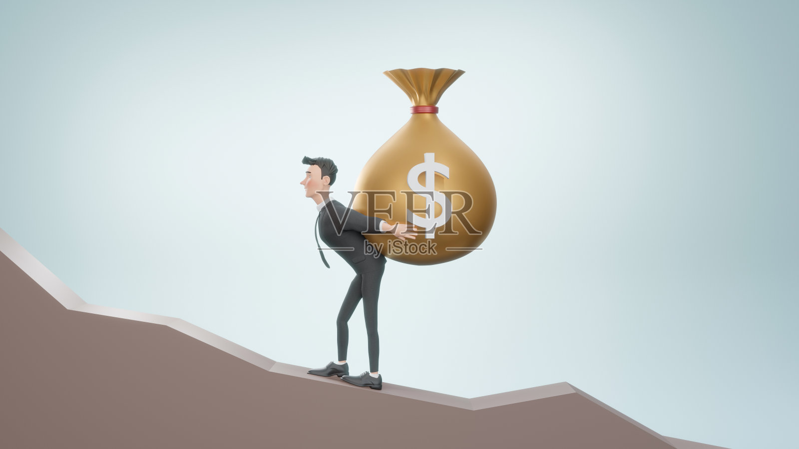 3 d渲染。商业概念平坦快乐的商人提着钱袋发薪日。男经理拿着一大袋钱。工人背着又大又重的袋子装满现金。照片摄影图片