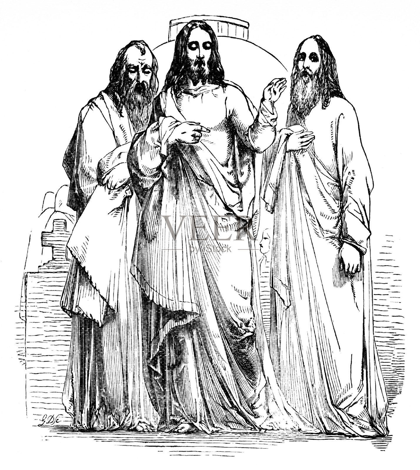 《天路历程》中与基督徒和解说员同行的耶稣（17世纪英国文学作品）插画图片素材