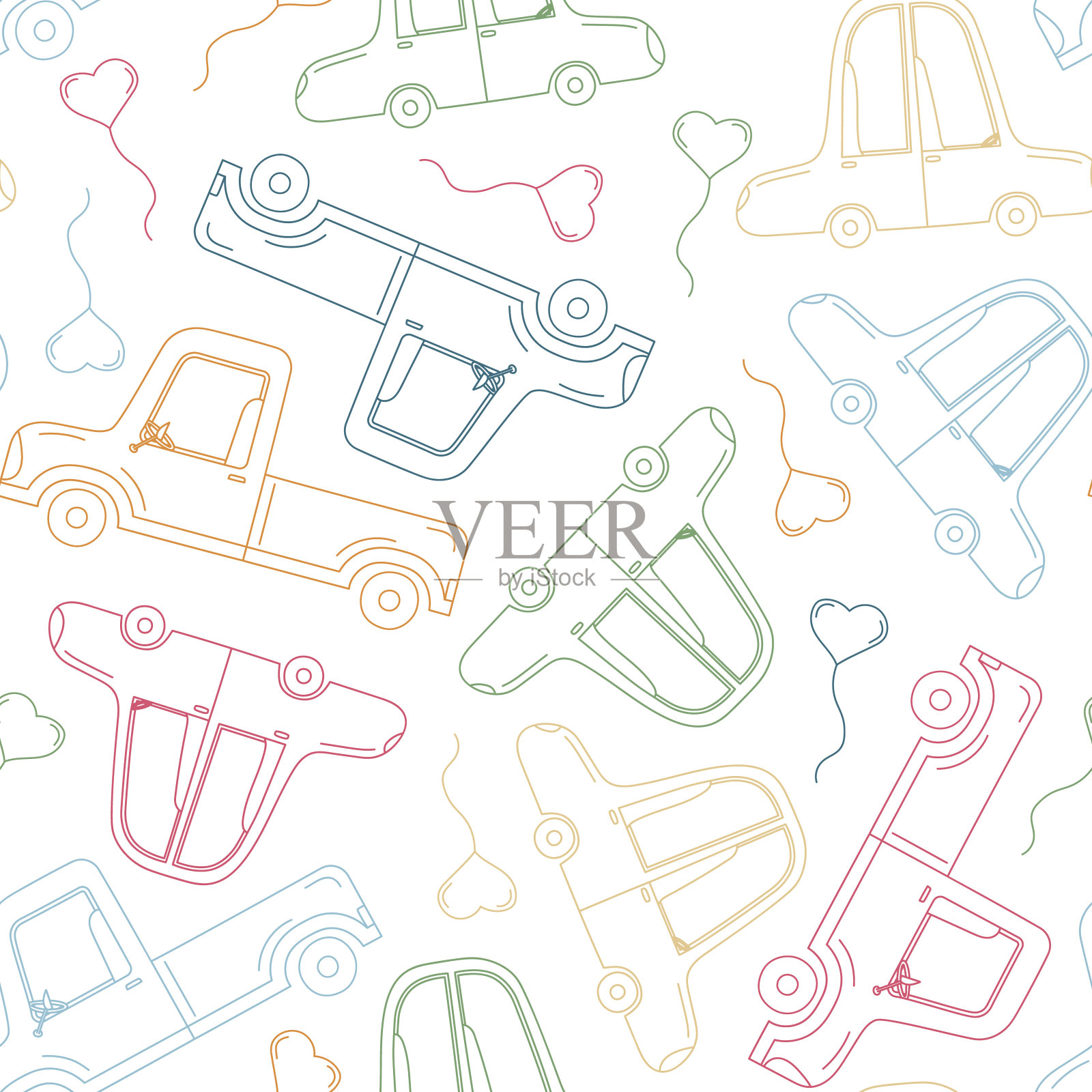 无缝的儿童图案与手车和心，插画图片素材