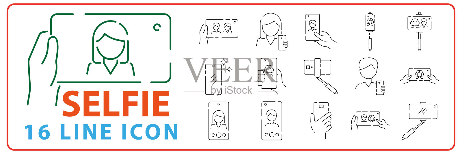 自拍线图标设置。用智能手机或网络摄像头、数码相机拍摄的自己的照片，并通过社交媒体分享。矢量自拍杆插图插画图片素材