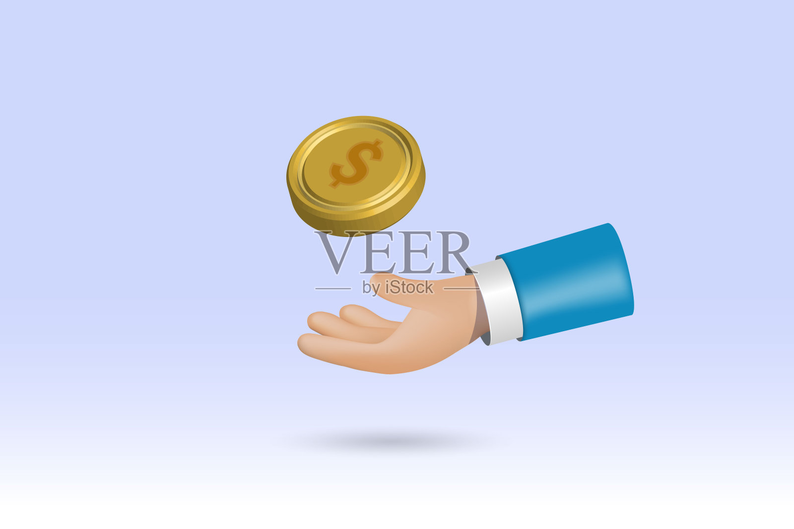 商人手里拿着美元金币。为财务节约，企业投资规划理念。三维现实向量。插画图片素材