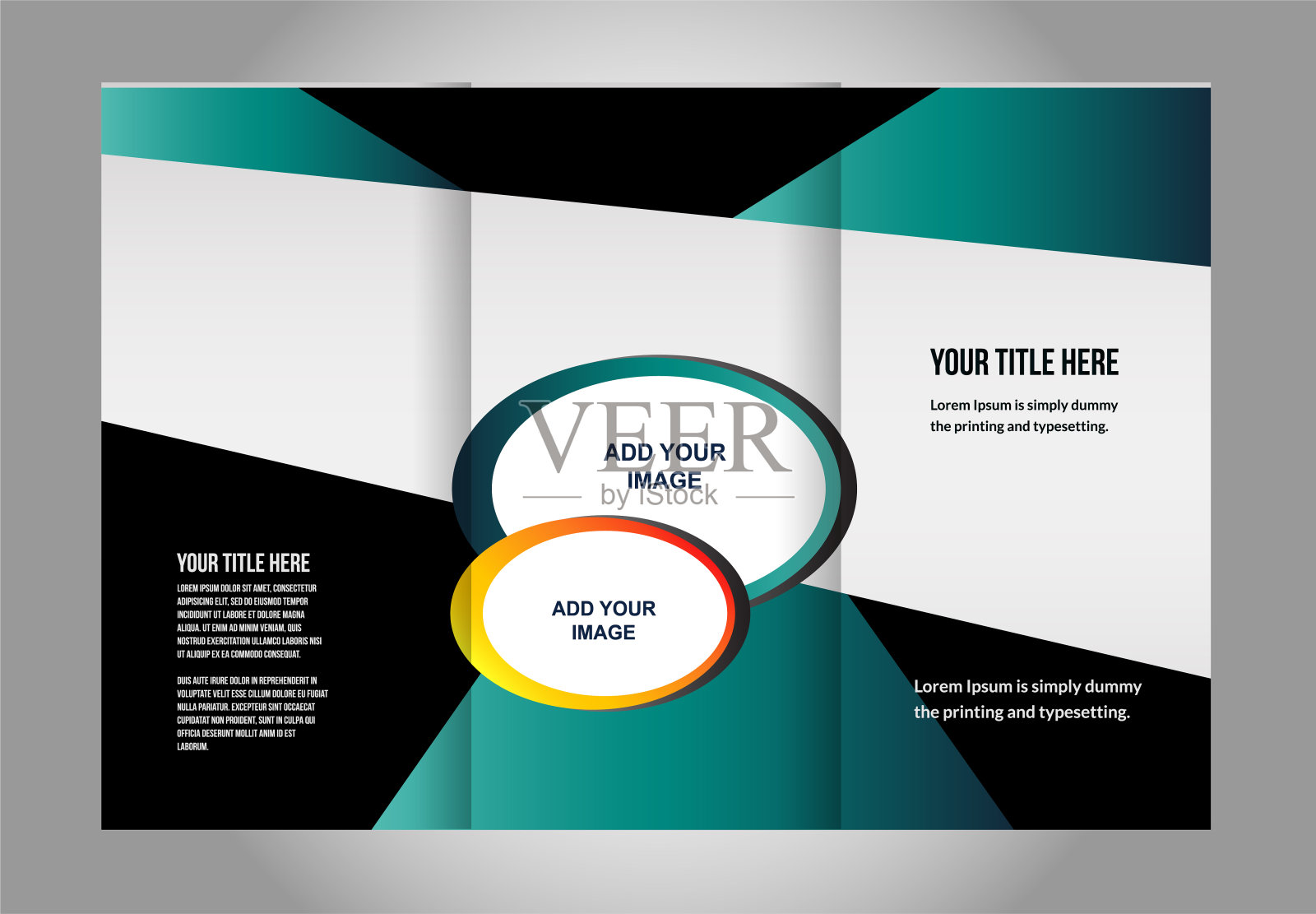 蓝色三联多边形宣传册模板设计。可编辑和光矢量与照片的地方。按比例A4设计模板素材