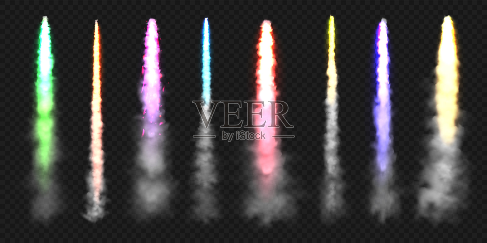 逼真的彩色太空火箭轨迹。燃放节日烟花。大火爆发，爆炸。导弹或子弹痕迹。喷气式飞机的轨迹。烟云，雾。蒸汽流量。矢量图插画图片素材