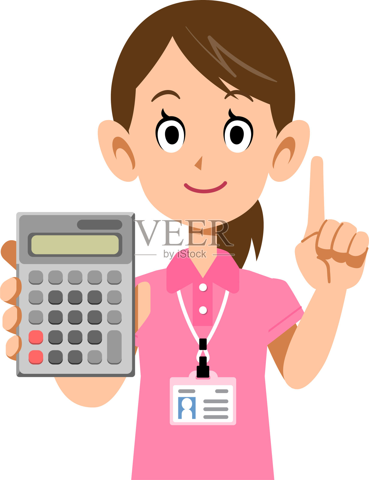 一个穿着粉红色短袖polo衫和名牌的女人的上半身，拿着计算器，指着她的食指插画图片素材