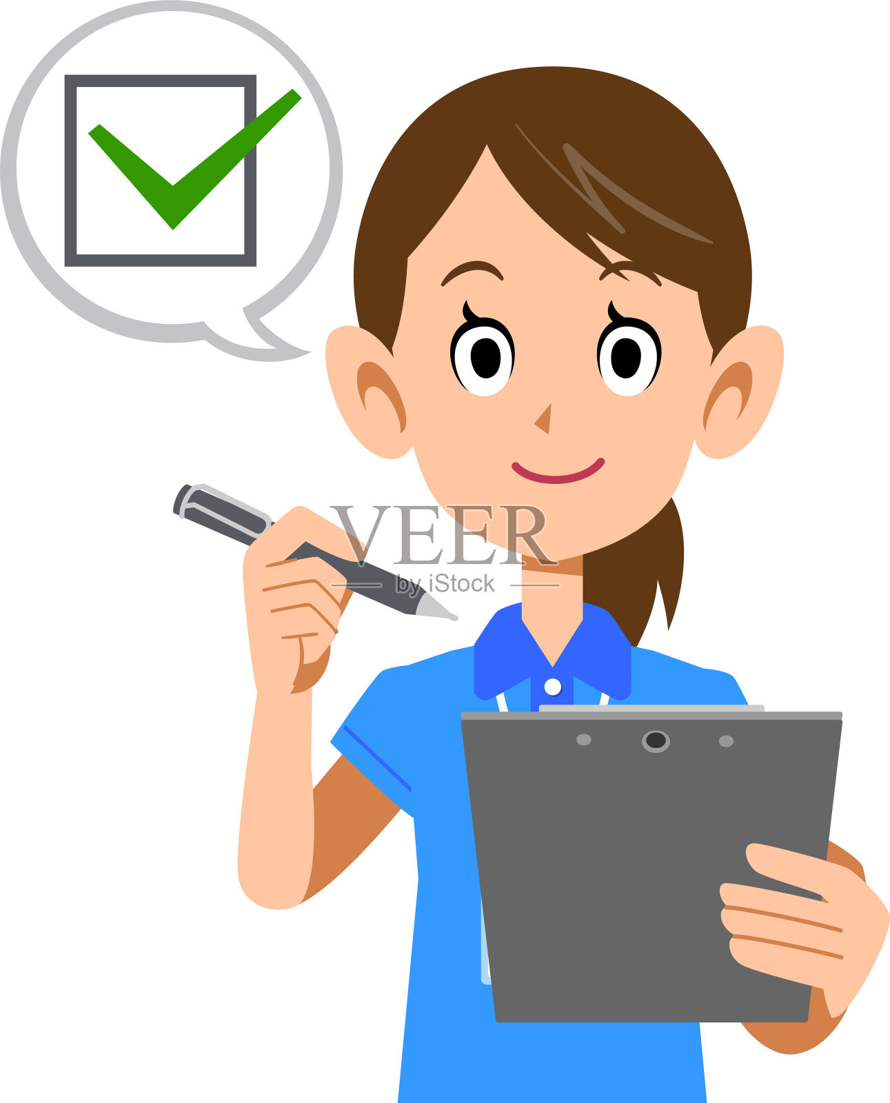 一个女人的上半身穿着短袖polo衫，戴着名牌，正在填写一张检查表插画图片素材