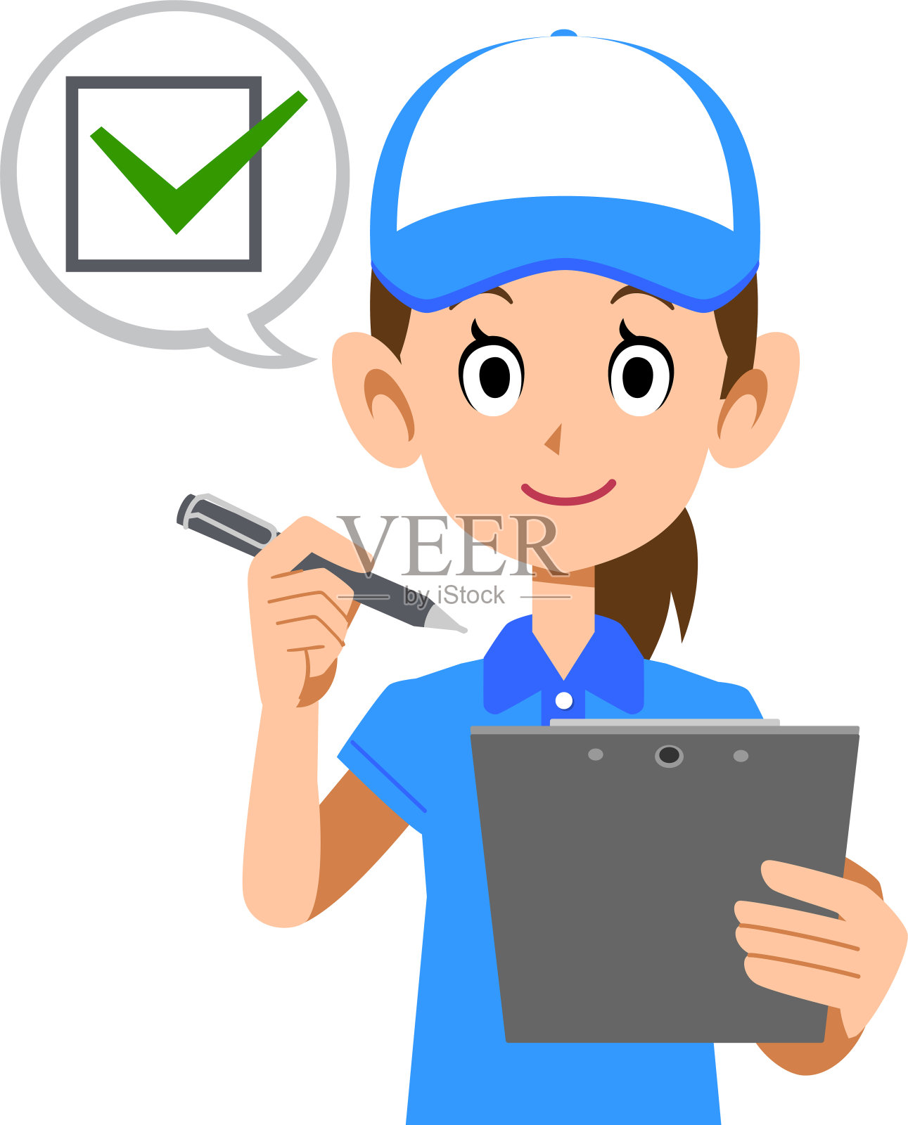 一个穿着polo衫，戴着帽子的女人的上半身，正在填写一张检查表插画图片素材