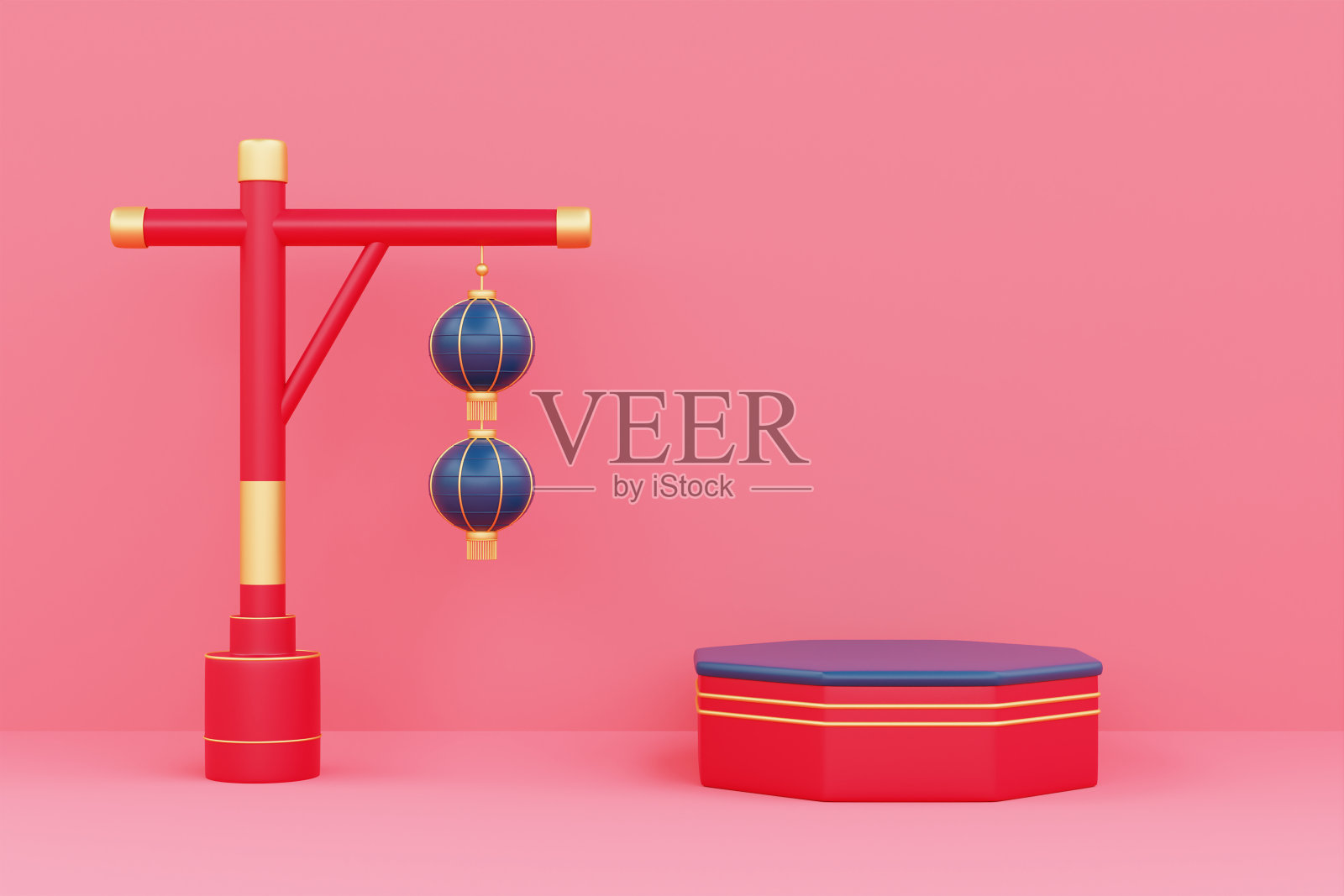 红色背景上的中国新年概念的3D讲台显示，中国节日，农历，CYN 2023, 3D渲染。照片摄影图片