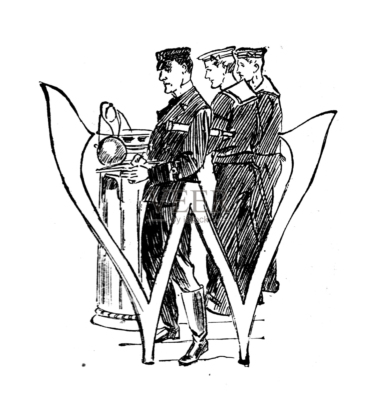 19世纪用于讲故事的英国海军黑白插图;去掉首字母大写W，并附上海军士兵;华丽的字体;《海军与陆军画报》1899年插画图片素材