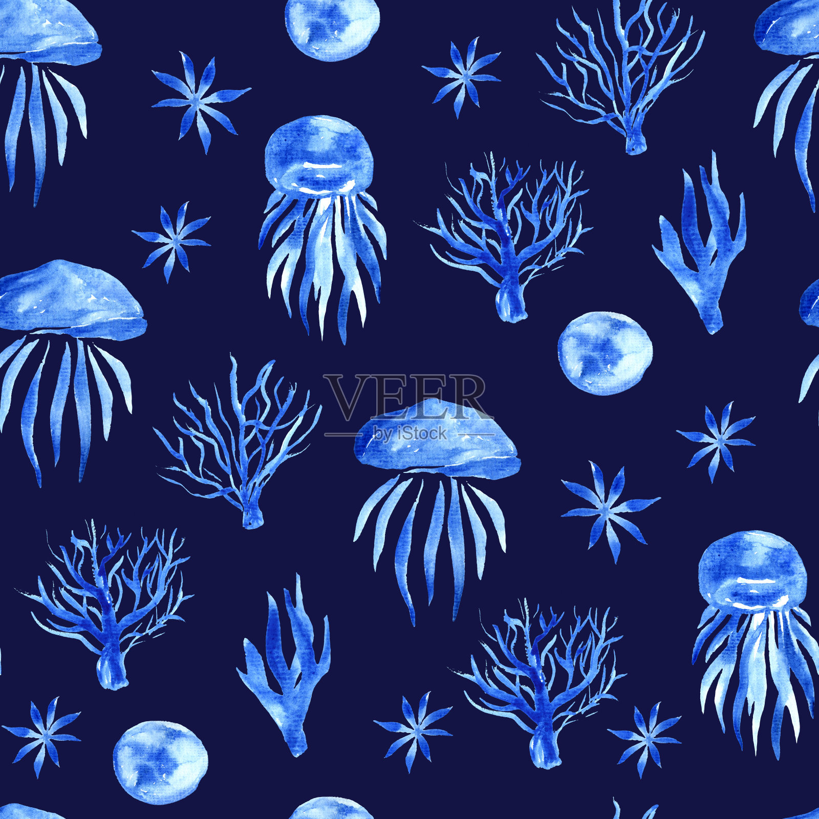 无缝模式与水母，珊瑚和星星在蓝色水彩。插画图片素材