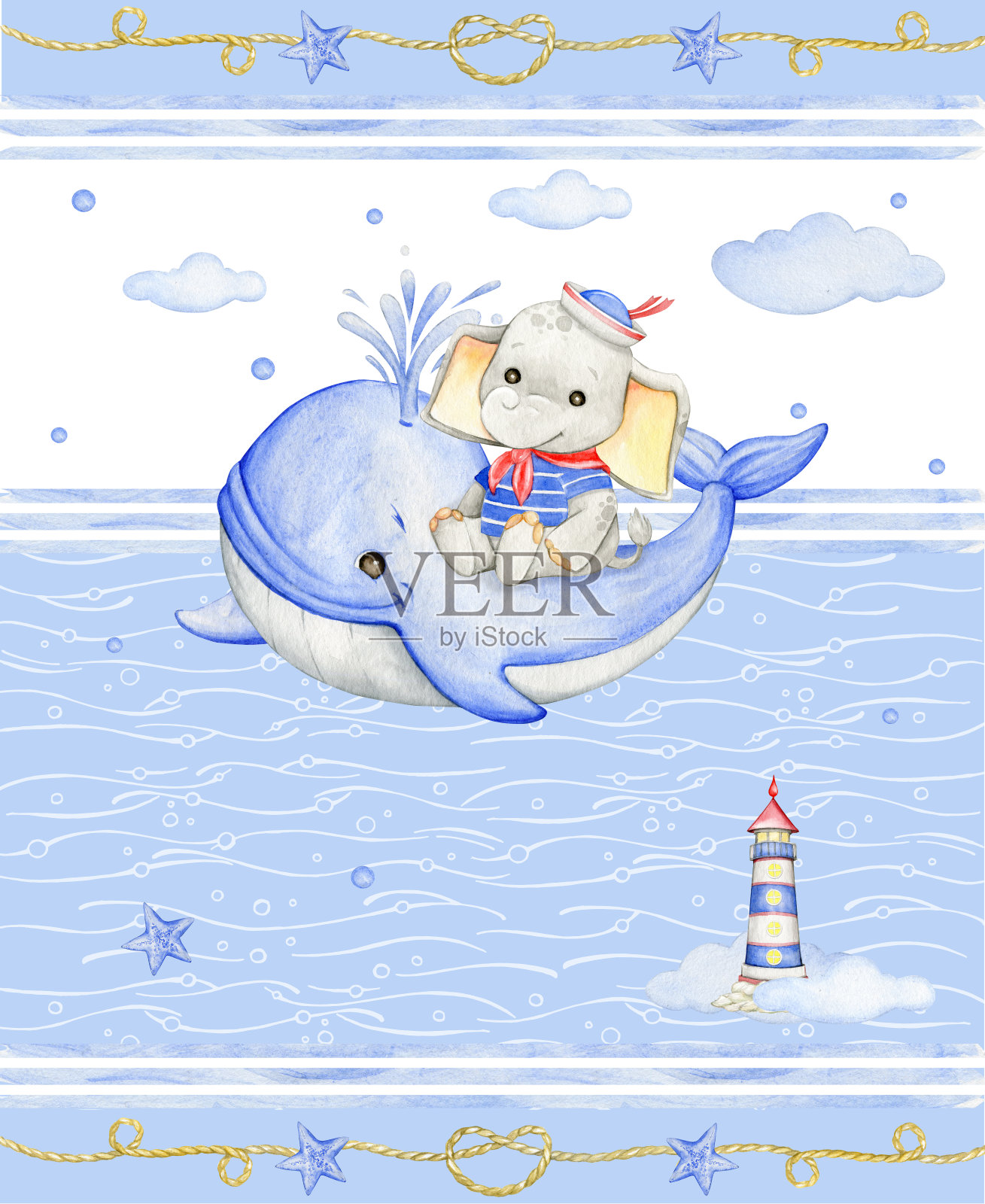 一只可爱的小象穿着水手服骑着鲸鱼。水彩卡通风格的剪纸在一个孤立的背景。插画图片素材