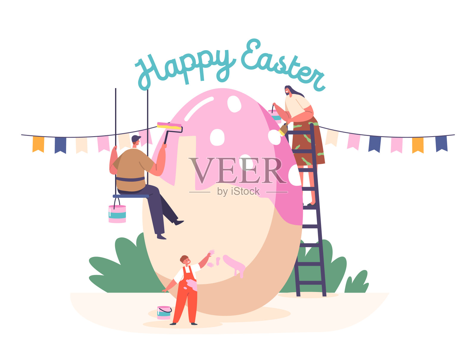 小妈妈，爸爸和小男孩为春节画巨大的鸡蛋。快乐的家庭妈妈，爸爸和孩子准备复活节插画图片素材