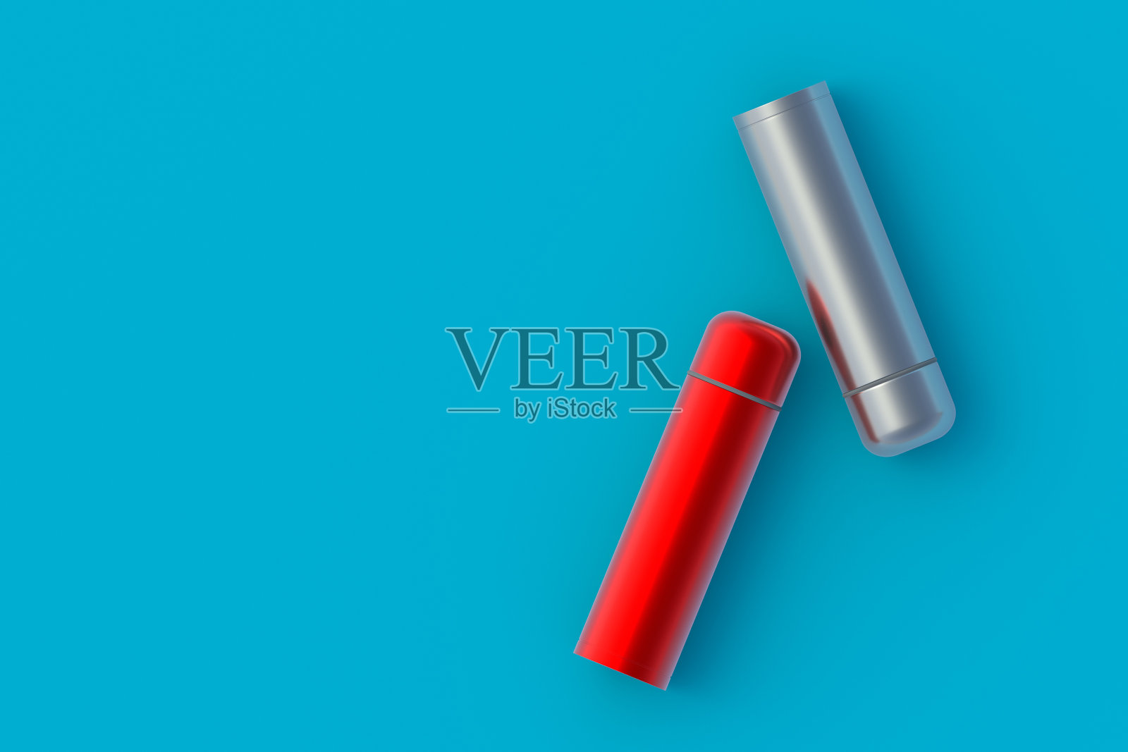 蓝色背景的热水瓶。金属热水瓶。文本空格。前视图。三维渲染照片摄影图片