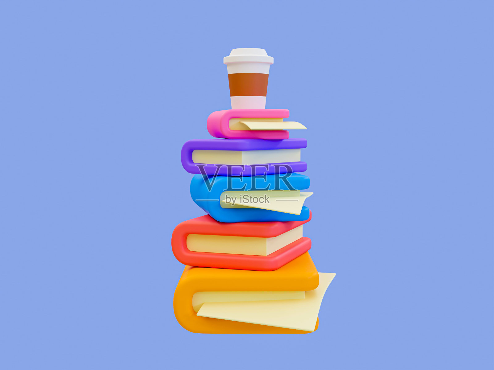 3d最小返校概念。在线教育用功读书。为考试而学习。一堆书，上面放着一杯咖啡。三维渲染插图。照片摄影图片
