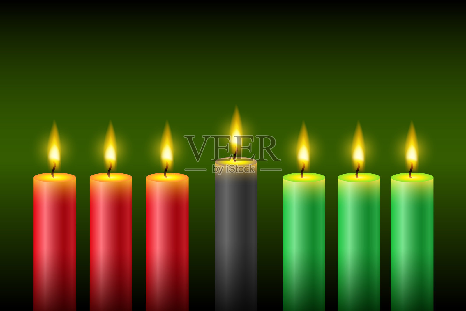 七支在深绿色背景上点燃的火焰蜡烛。插画图片素材