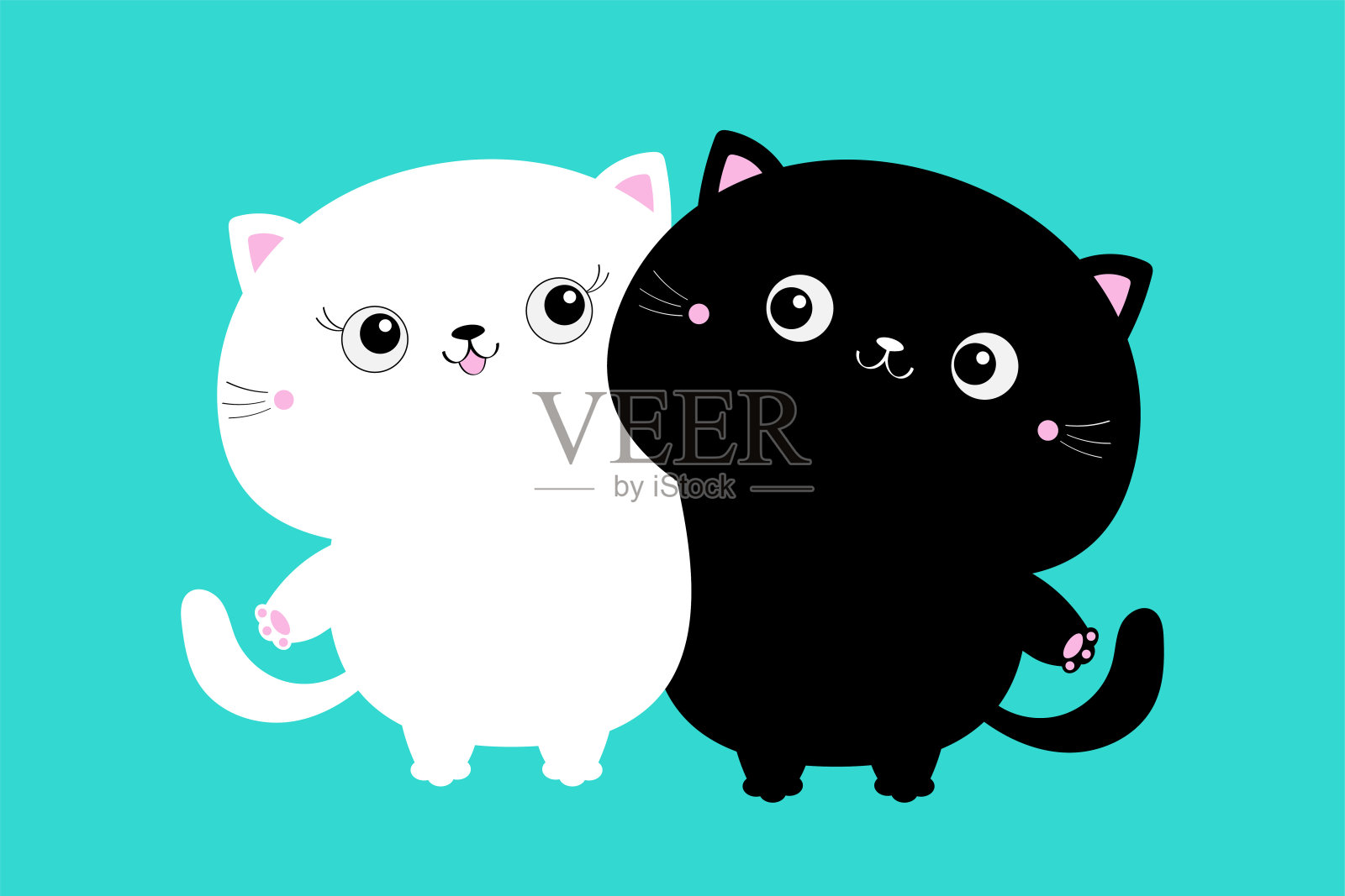 白猫拥抱家庭夫妇。拥抱，拥抱，拥抱。女孩的男孩。可爱有趣的卡通人物。情人节快乐。贺卡。基蒂的小猫。宝宝的宠物。蓝色背景。平面设计。插画图片素材