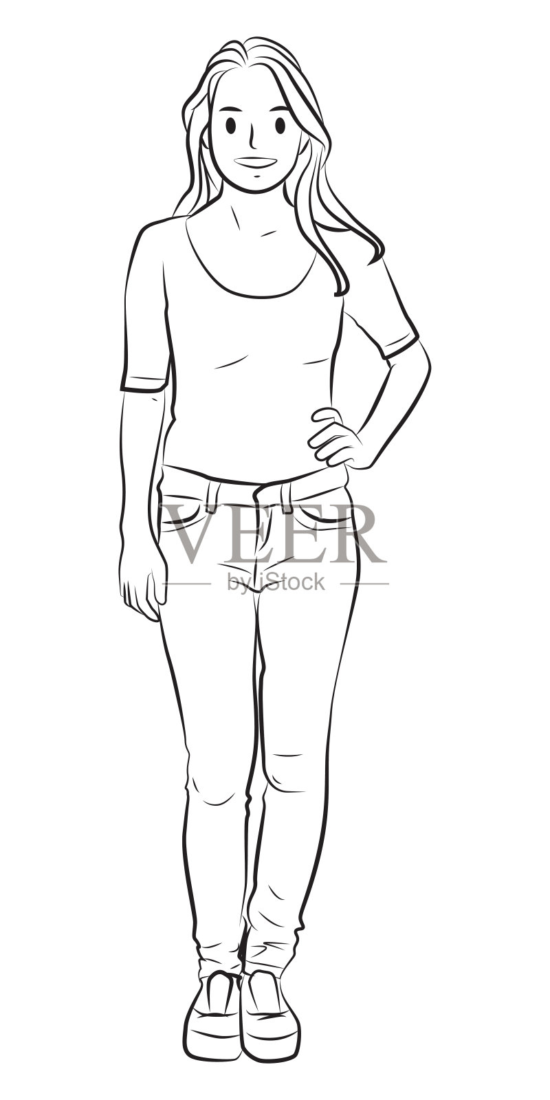 全长年轻随意的女孩轮廓卡通插图插画图片素材