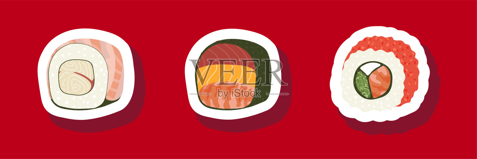 素描绘制的矢量集寿司贴纸孤立在红色背景插图。传统的日本料理——饭团，握寿司，铁面，真寿司，粗kan。海报，招牌，菜单页，传单，横幅插画图片素材