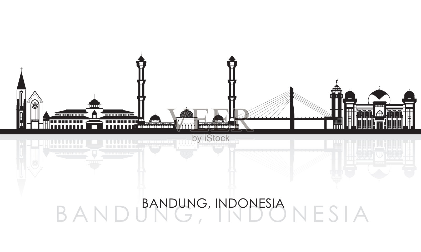 印度尼西亚万隆市的轮廓轮廓全景插画图片素材