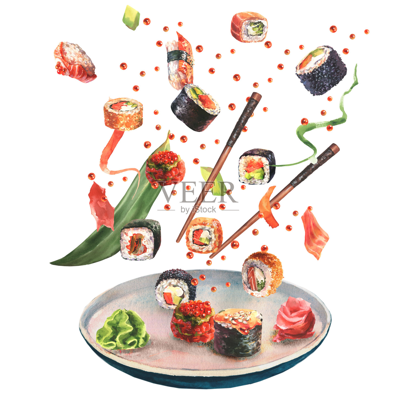 水彩画的美味寿司和卷设置与筷子和盘子在运动的白色背景。插画图片素材