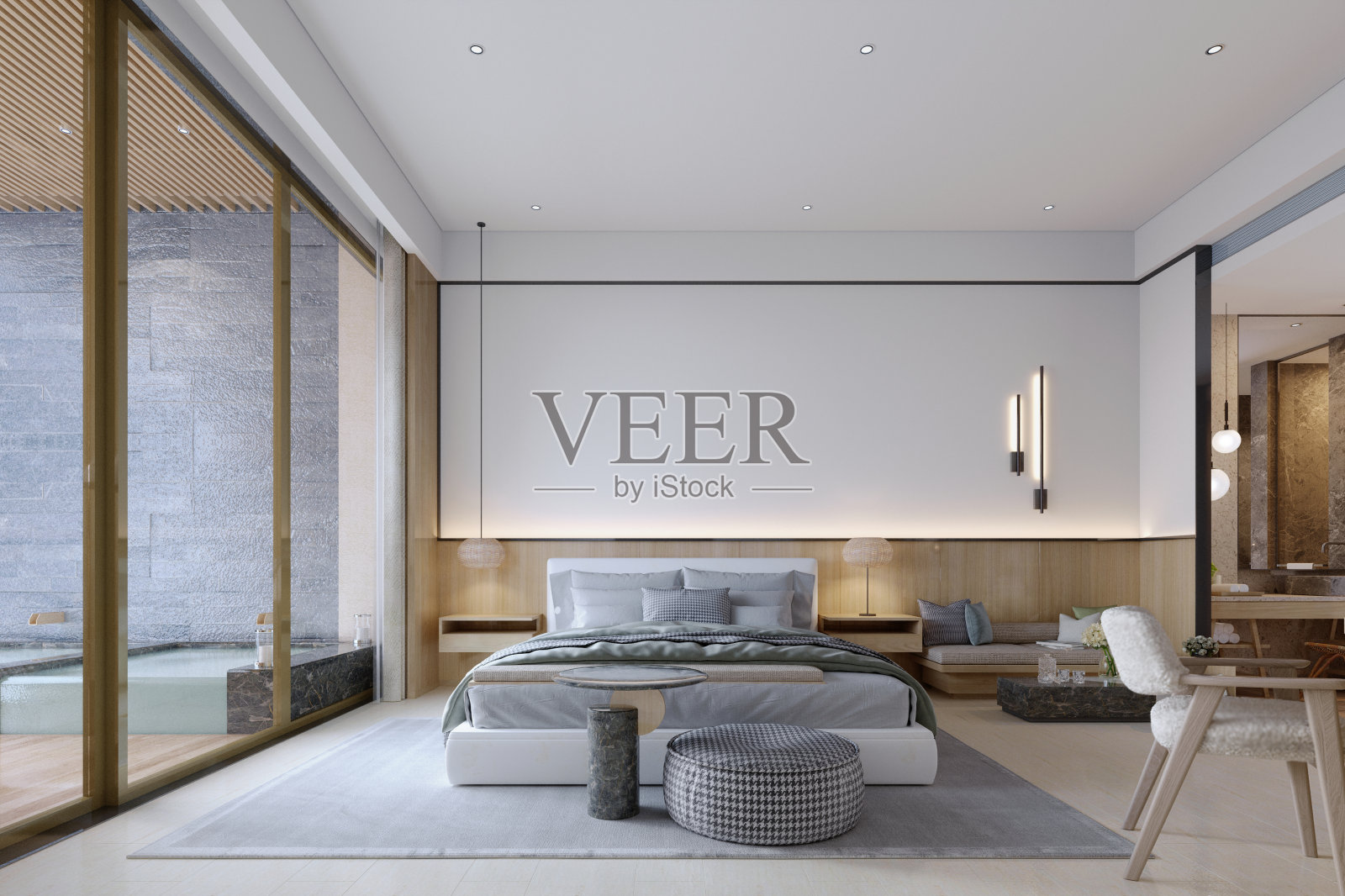 3d渲染，3d插图，室内场景和模型，酒店卧室和起居区，现代和当代风格渲染3d。照片摄影图片