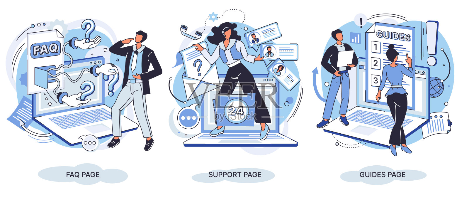 常见问题网站横幅集，支持页，指南页。常见问题的概念。创造性的隐喻插画图片素材