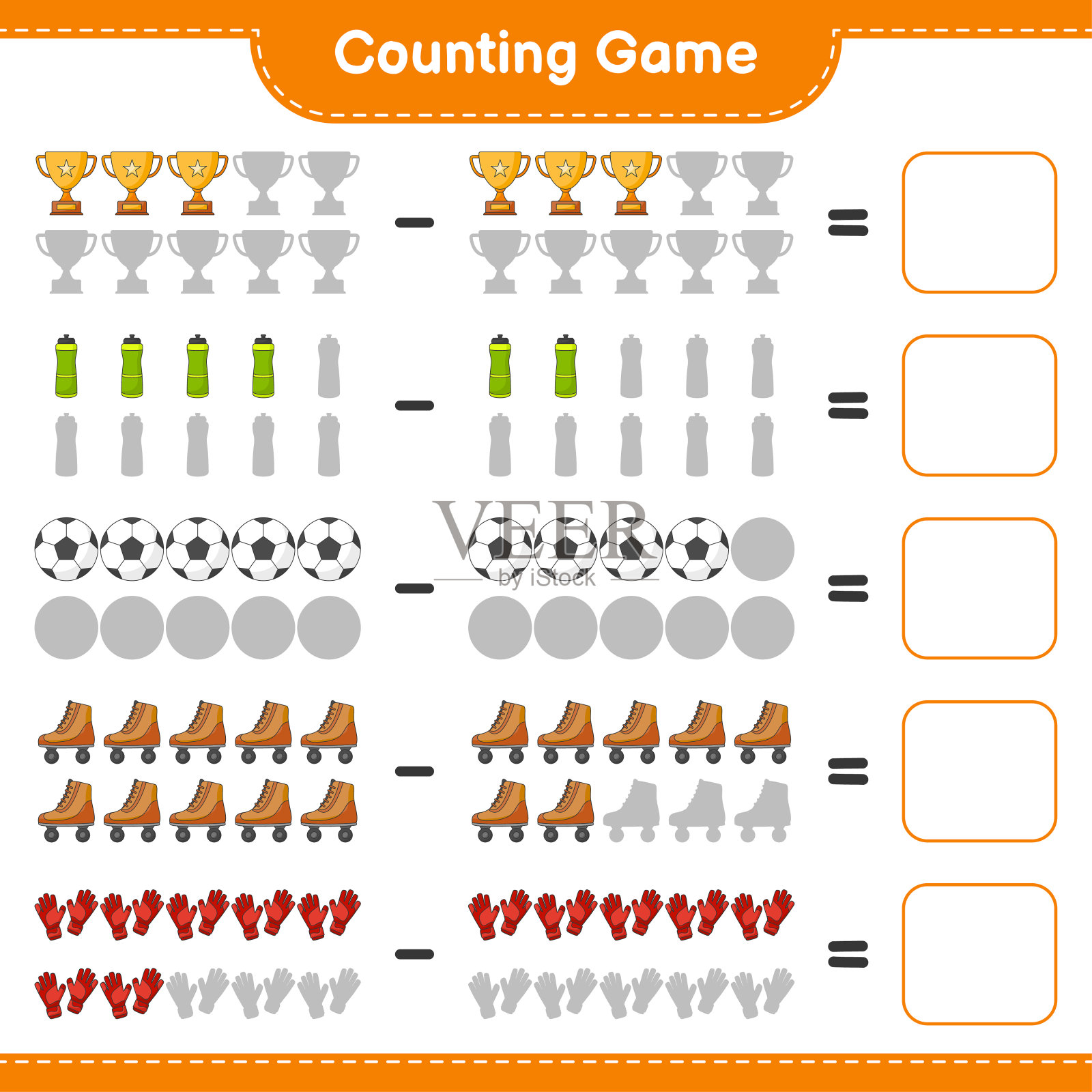 数与匹配，数水瓶、奖杯、足球、守门员手套、轮滑的数量，并与正确的数字匹配。教育儿童游戏，可打印的工作表，矢量插图插画图片素材