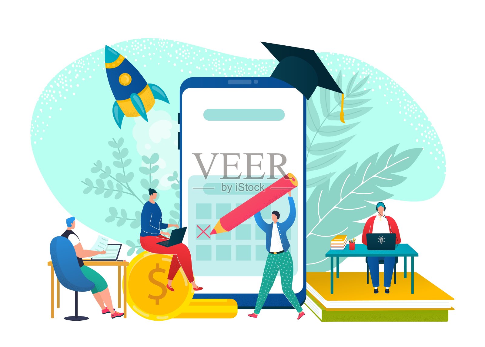 学生贷款、货币债务概念向量说明。大学扁平化教育，为经济困难的人提供学院教育。插画图片素材