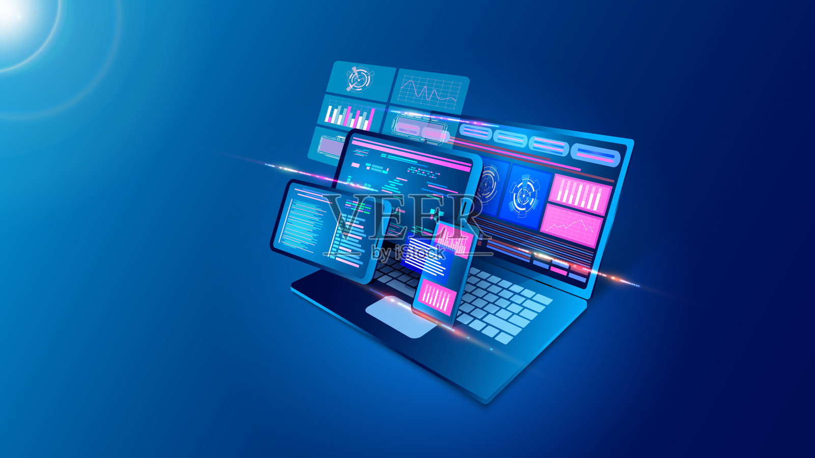 Web应用软件。互联网平台。数字应用程序。商业网站屏幕。笔记本电脑接口。电话和电脑连接。API技术。分析图表。向量的概念插画图片素材