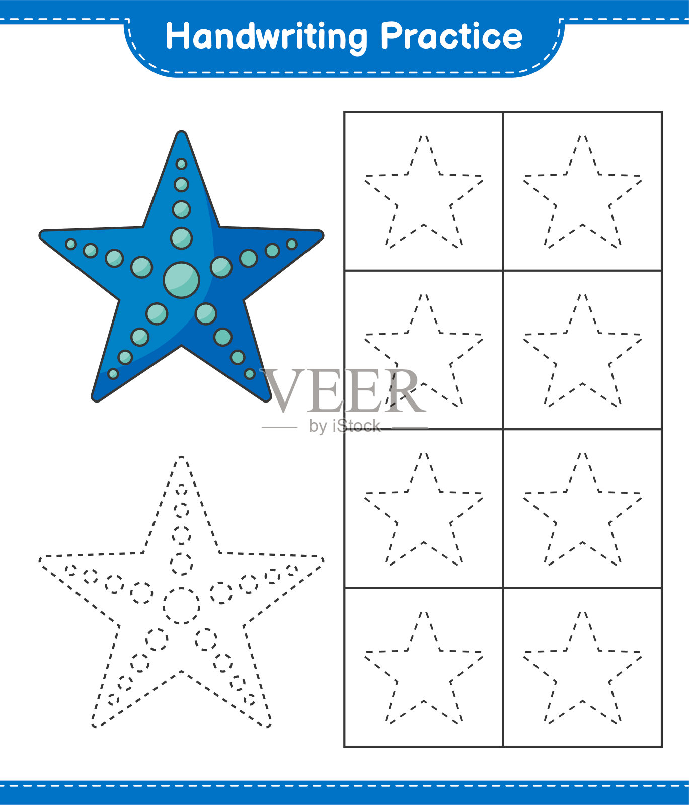 书法练习。追踪海星的线条。教育儿童游戏，可打印的工作表，矢量插图插画图片素材