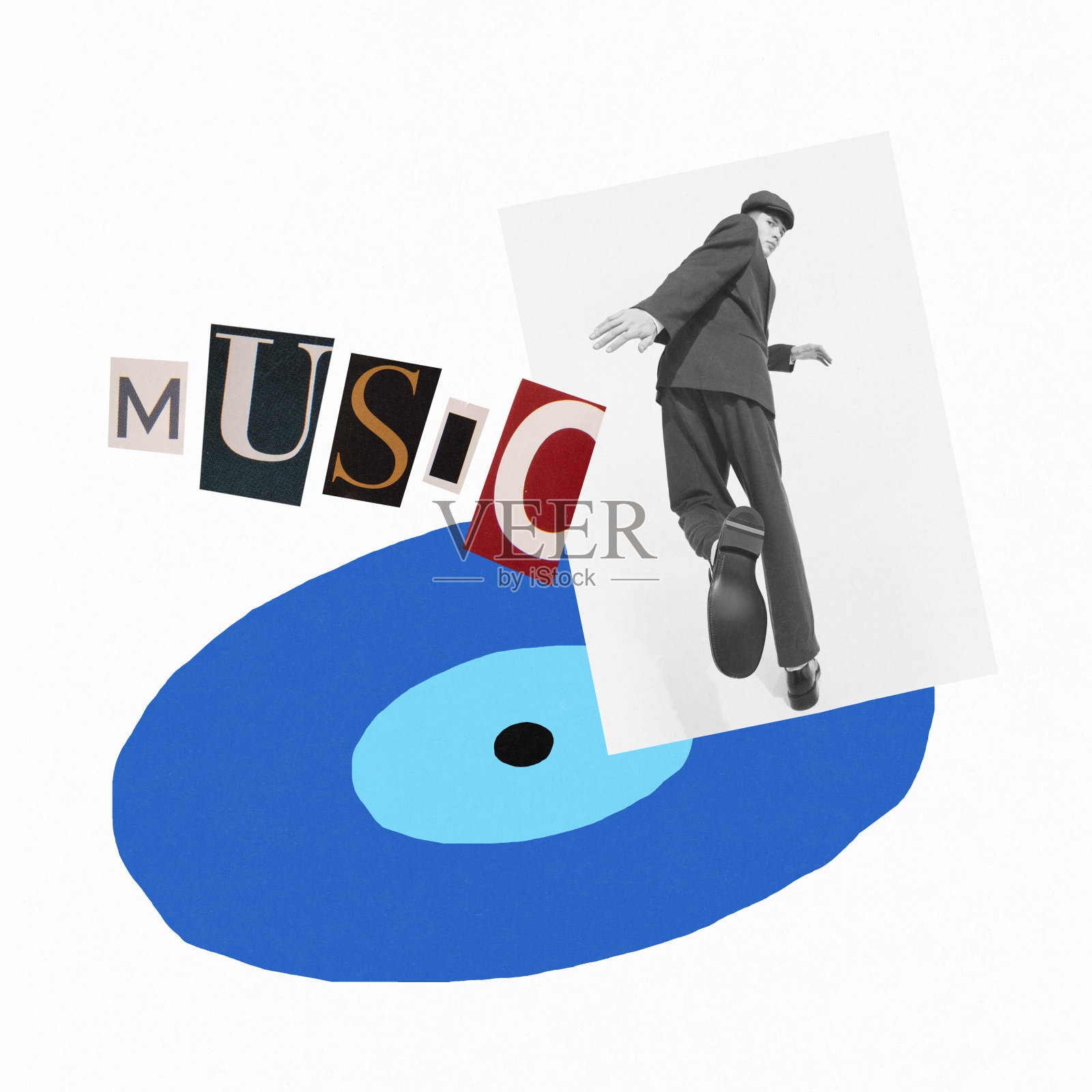 当代艺术拼贴。有创意的设计，穿着西装的男人在黑胶唱片上奔跑，并制作音乐照片摄影图片