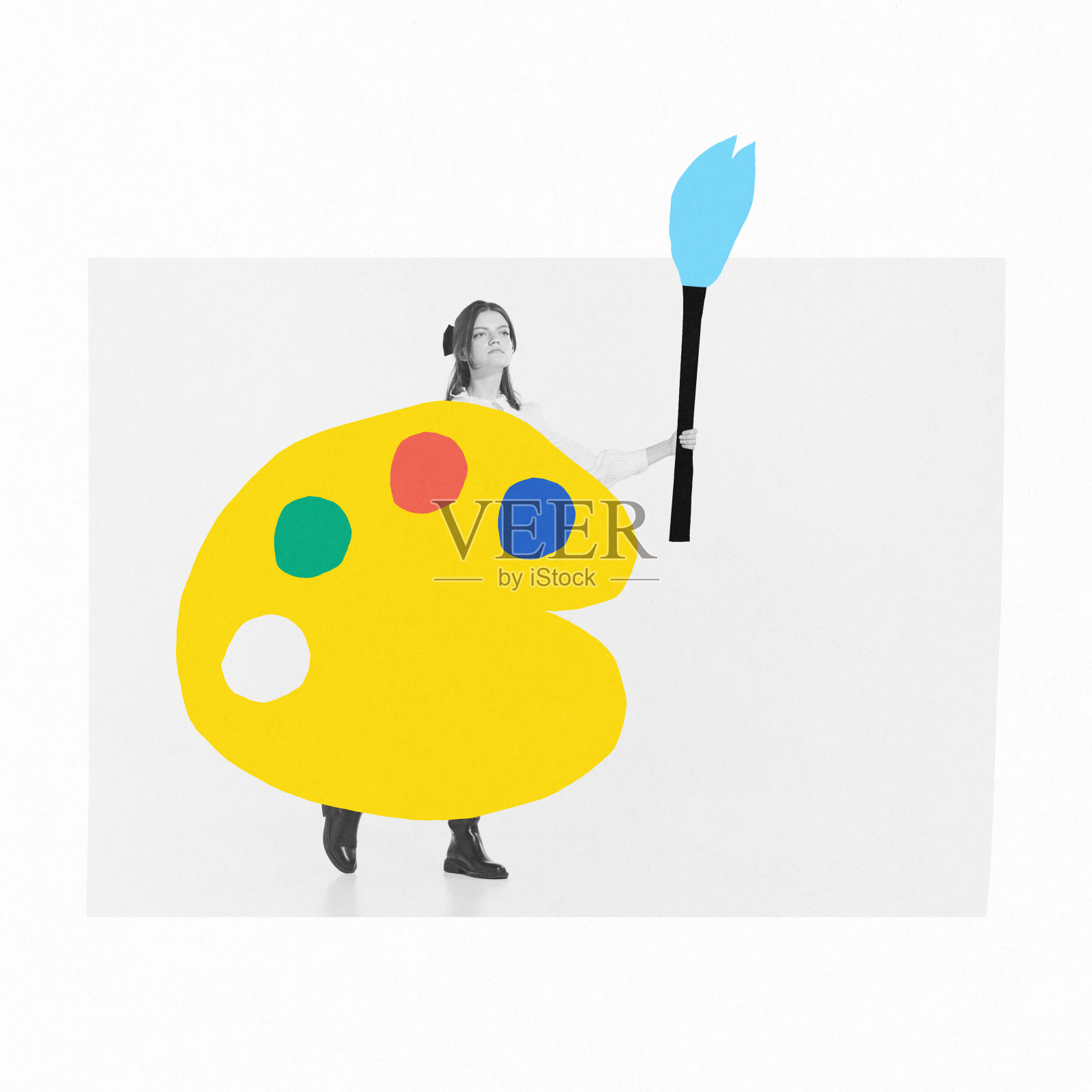 当代艺术拼贴。创意设计与年轻女孩，画家与油漆和刷子。创造性的爱好照片摄影图片