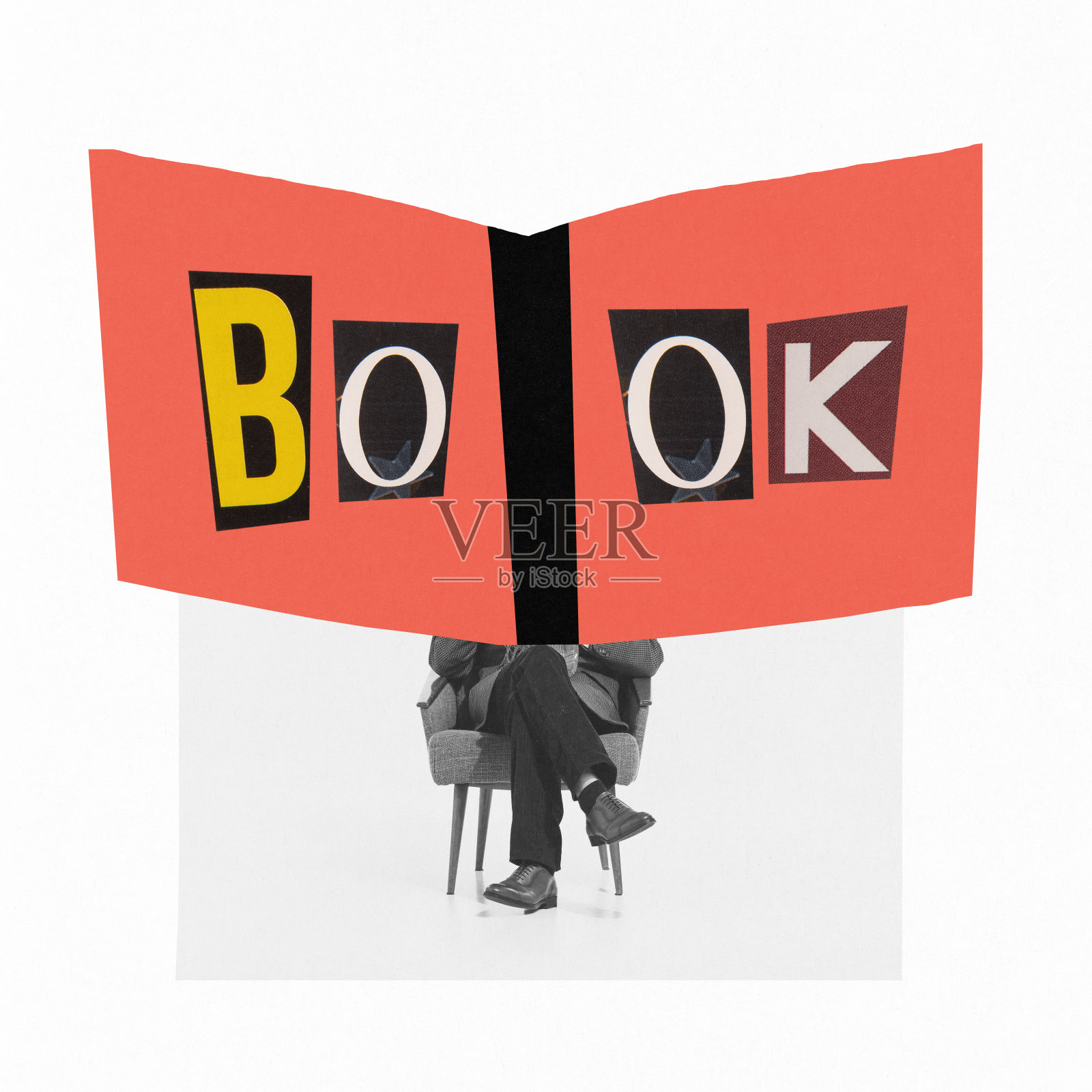 当代艺术拼贴。有创意的设计，穿着西装的男人坐在椅子上看书。教育时间照片摄影图片