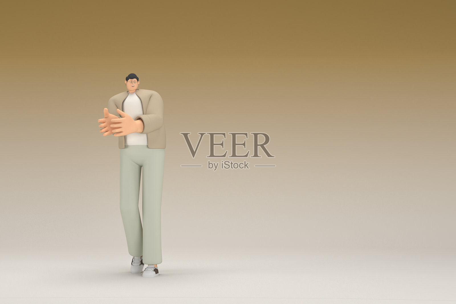 一个戴眼镜戴棕色布的男人。他说话时总是用手做手势。动画角色在表演中的三维渲染。照片摄影图片