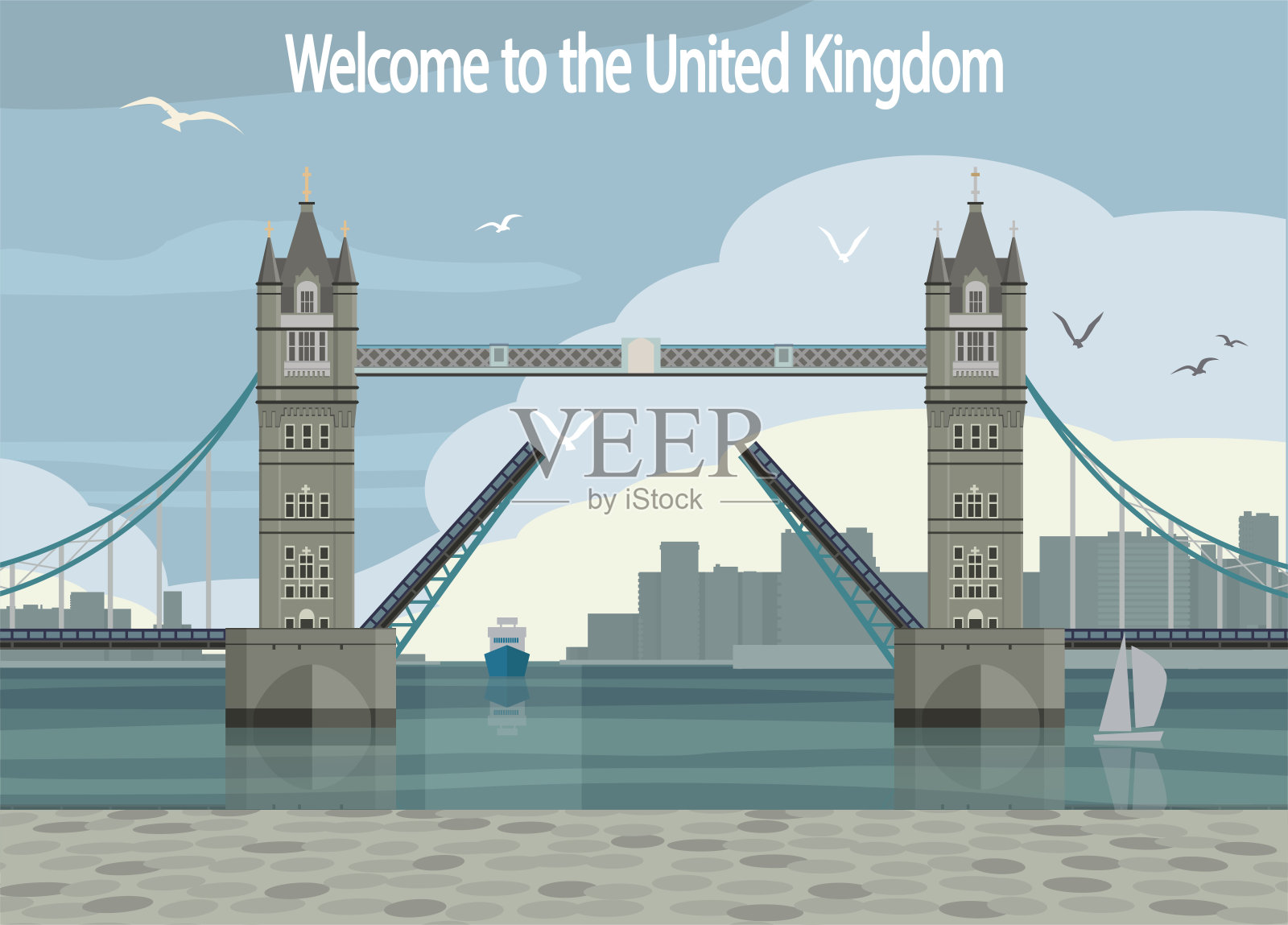 塔桥的背景是雾中城市的剪影。向量。插画图片素材