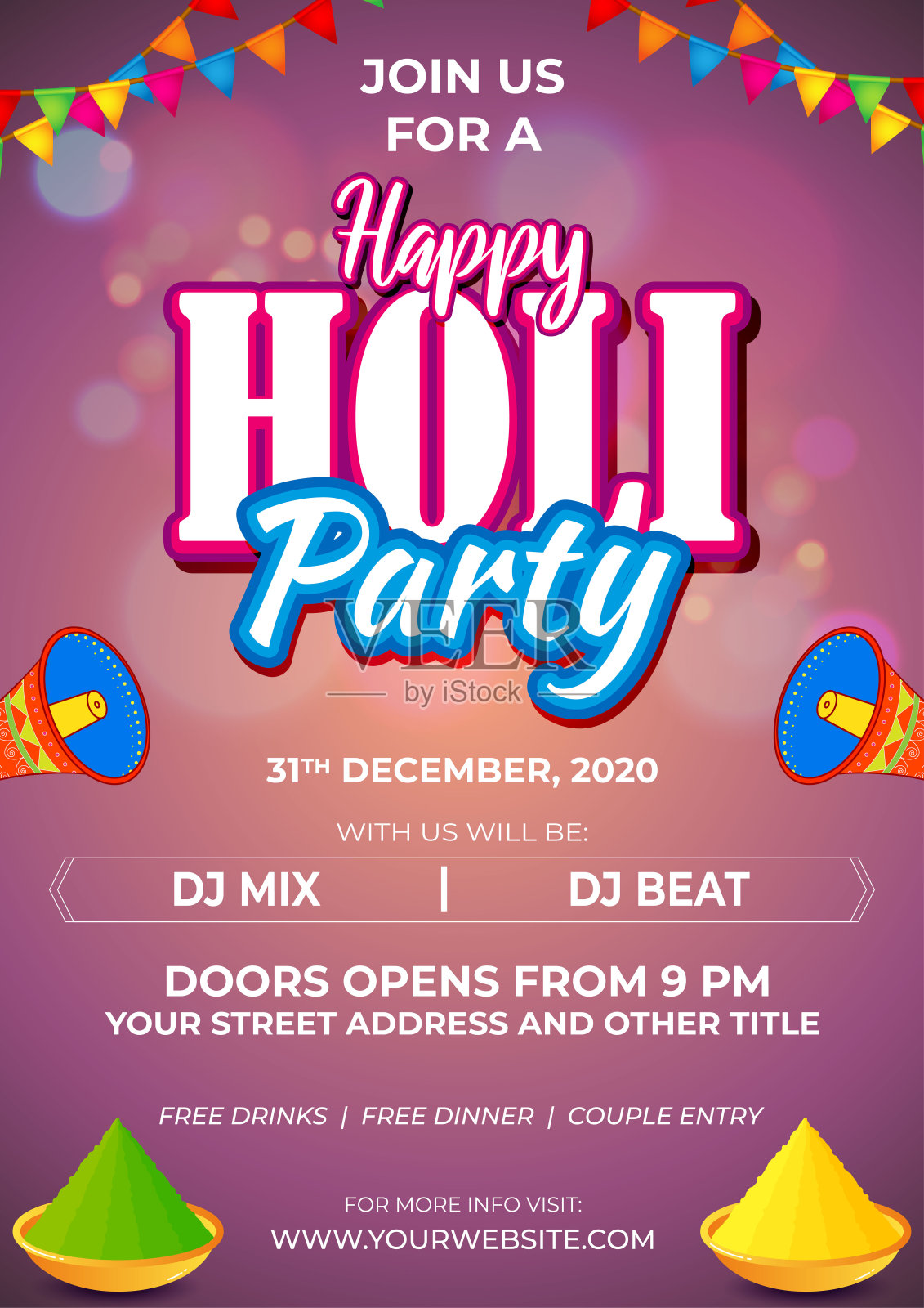 快乐洒红节问候的矢量插图。色彩的节日，节日元素与丰富多彩的印度节日背景插画图片素材