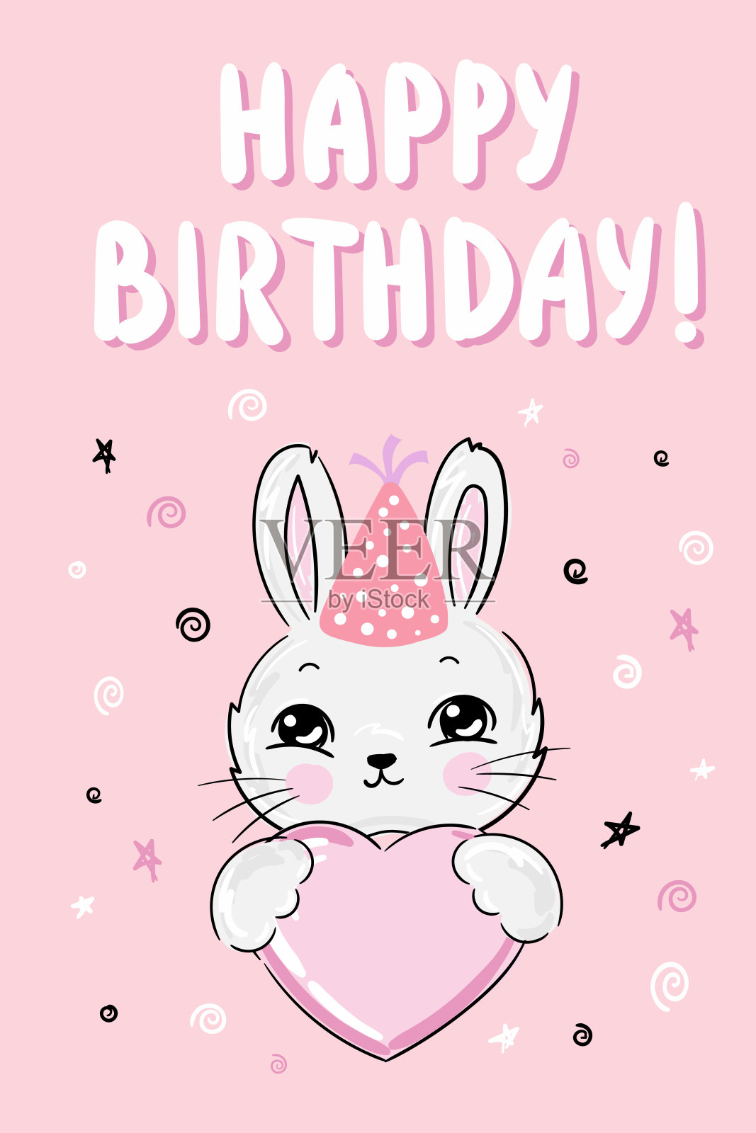 生日贺卡设计与可爱的兔子与心。派对和庆祝元素。短信祝你生日快乐。平面设计中的矢量插图。插画图片素材