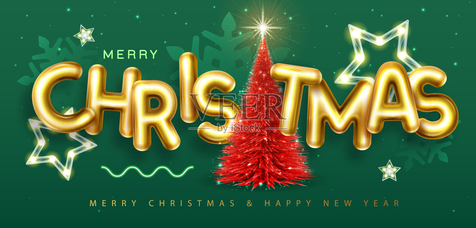 圣诞快乐的节日海报与3D铬字母和圣诞树。节日贺卡。矢量图插画图片素材